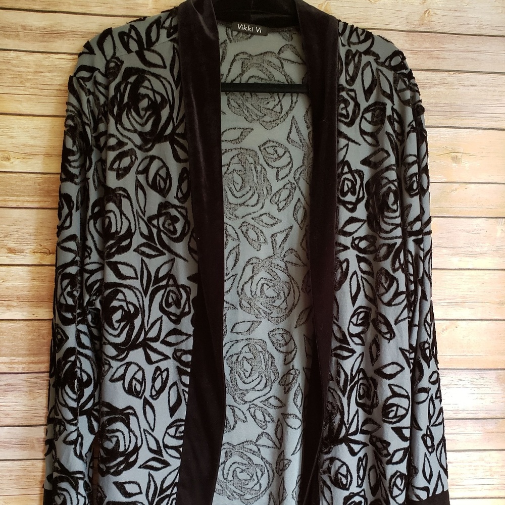 Vikki Vi 3X Black Grey Velvet Burnout Sheer Top